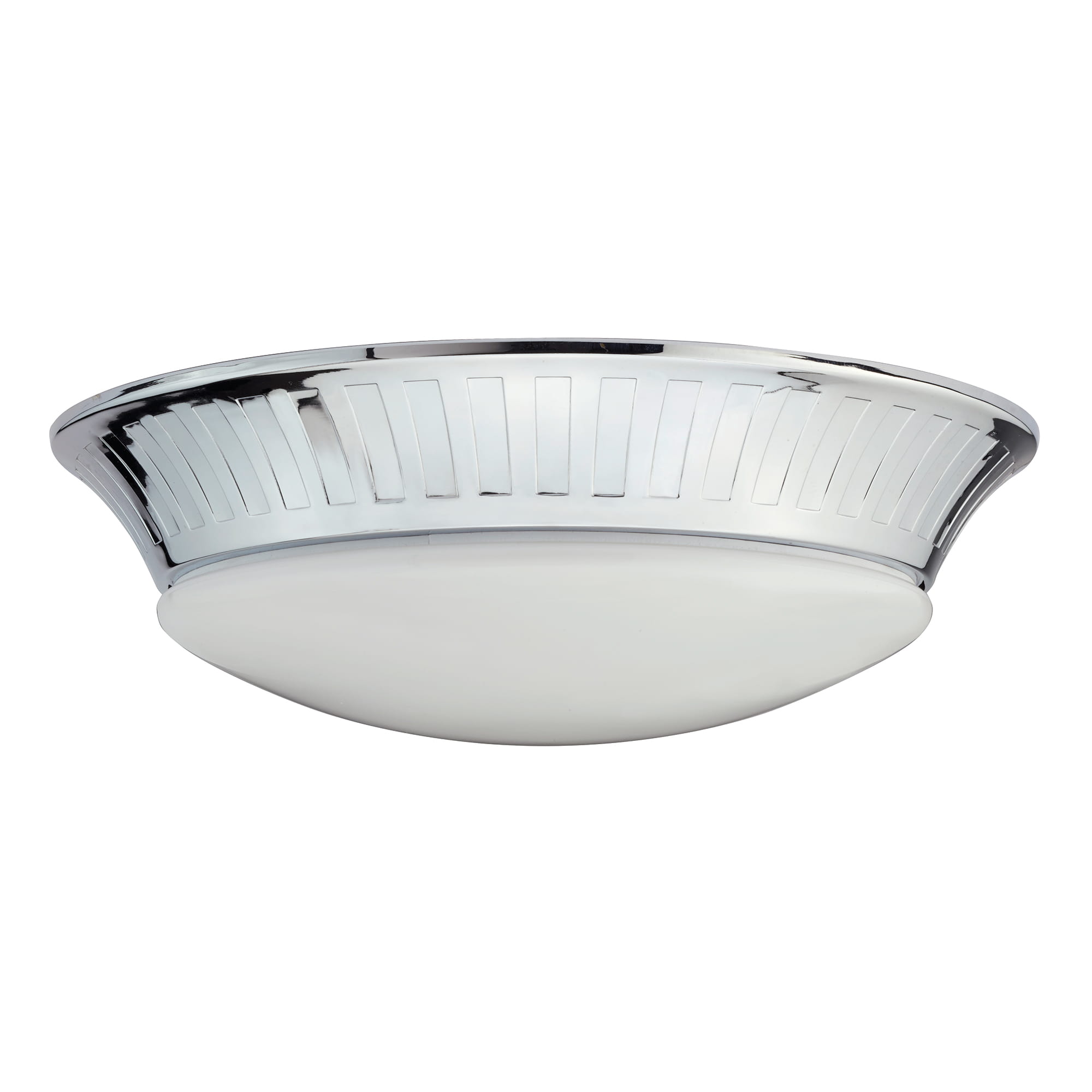Plafon Whitby IP44 1xGX53 w chromowanej obudowie z mlecznym kloszem. Okrągły kształt z dekoracyjnym, pionowym wzorem na obrzeżach. Montowany sufitowo, idealny do łazienki lub przestrzeni o wysokiej wilgotności.