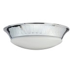 Plafon Whitby IP44 1xGX53 w chromowanej obudowie z mlecznym kloszem. Okrągły kształt z dekoracyjnym, pionowym wzorem na obrzeżach. Montowany sufitowo, idealny do łazienki lub przestrzeni o wysokiej wilgotności.