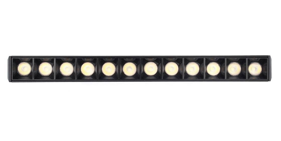 Czarna lampa LED liniowa do szyny magnetycznej Tuya L22/12W/CCT, o prostokątnym kształcie, z wbudowanymi okrągłymi diodami LED. Produkt prezentowany w ujęciu frontalnym, z widocznymi 12 źródłami światła. Idealna do oświetlenia wnętrz.