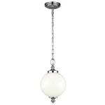 Lampa wisząca Parkman 1xE27 w polerowanym niklu z okrągłym, białym kloszem. Produkt zawieszony na łańcuchu, z górną osłoną w metalicznym wykończeniu. Idealna do nowoczesnych wnętrz.