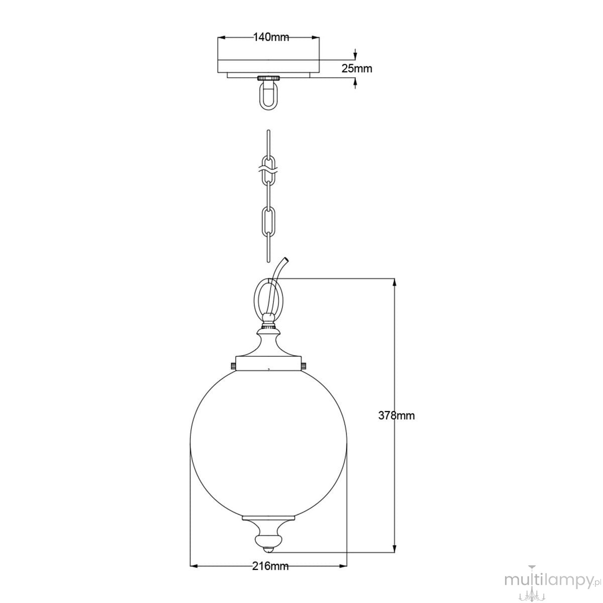 Lampa wisząca Parkman z polerowanego niklu, z kulistym kloszem o średnicy 216 mm i wysokości 378 mm. Umożliwia montaż jednej żarówki E27. Długość zawieszenia z łańcuchem. Widok z boku, ukazujący szczegóły konstrukcji.