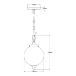 Lampa wisząca Parkman z polerowanego niklu, z kulistym kloszem o średnicy 216 mm i wysokości 378 mm. Umożliwia montaż jednej żarówki E27. Długość zawieszenia z łańcuchem. Widok z boku, ukazujący szczegóły konstrukcji.