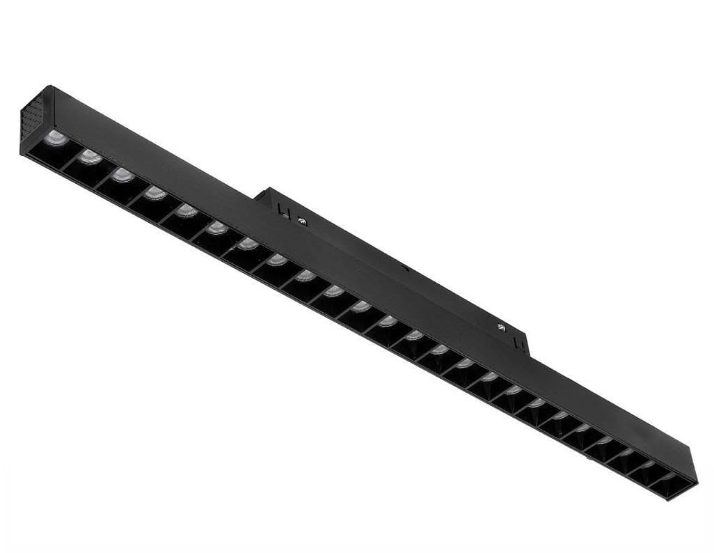 Lampa LED liniowa do szyny magnetycznej Tuya L44/24W/CCT w kolorze czarnym, o prostokątnym kształcie, z widocznymi diodami LED. Ujęcie z boku, prezentujące całą długość lampy. Idealna do montażu w różnych aranżacjach wnętrz.