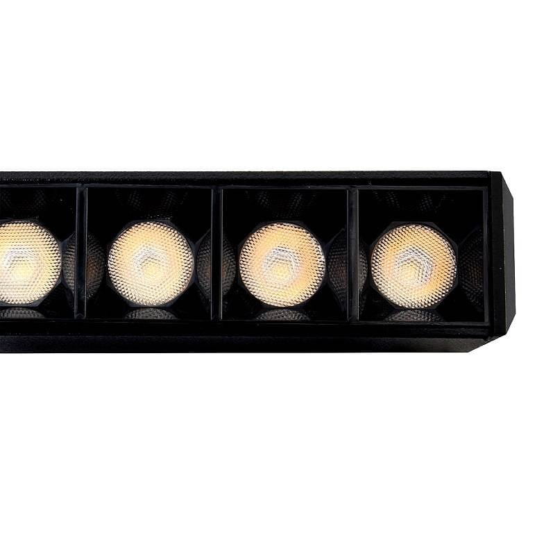 Lampa LED liniowa do szyny magnetycznej Tuya L44/24W/CCT w kolorze czarnym, z czterema okrągłymi źródłami światła. Kąt ujęcia frontalny, widoczna struktura soczewek. Produkt przeznaczony do oświetlenia wnętrz.
