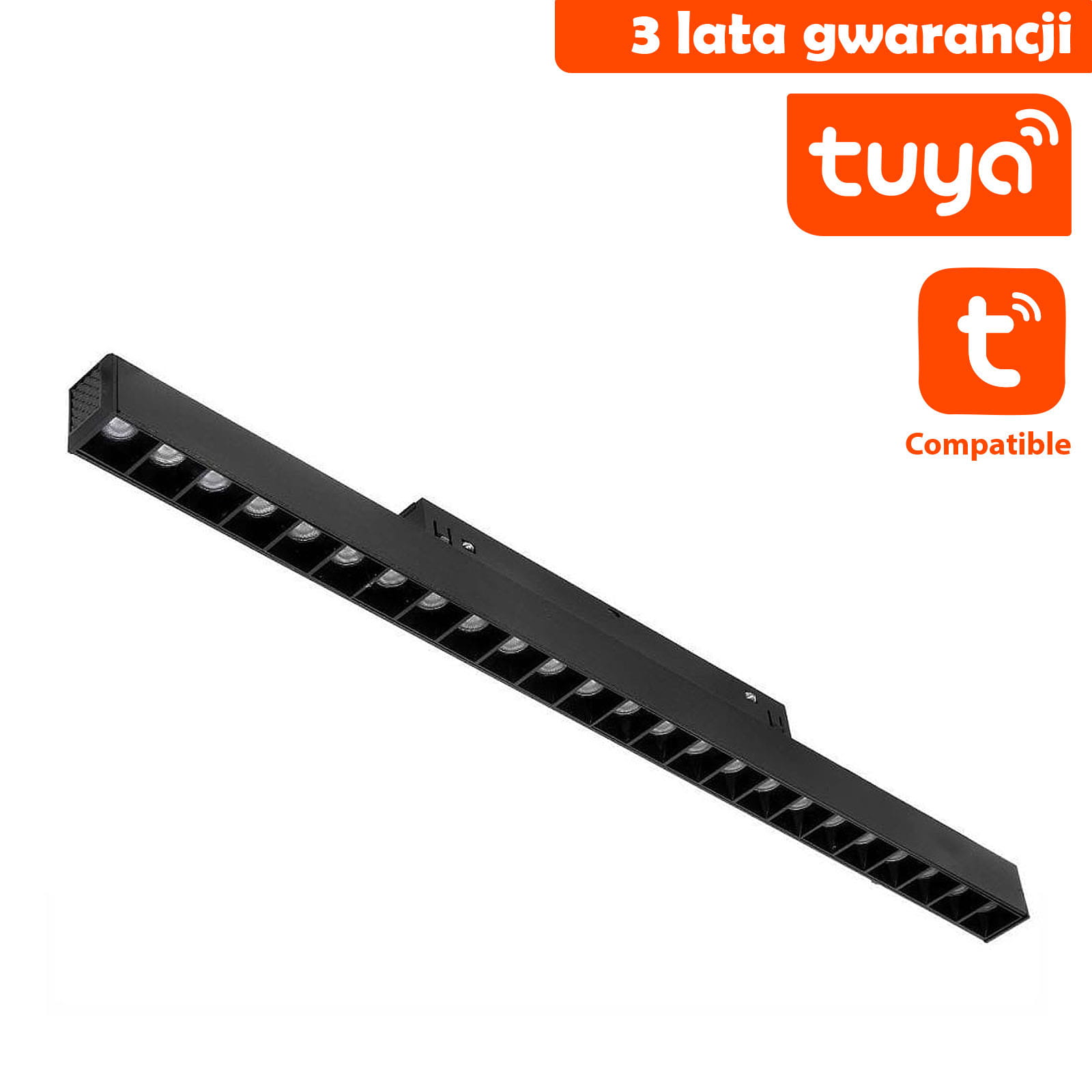 Lampa LED liniowa do szyny magnetycznej Tuya, czarna, o długości 44 cm i mocy 24W. Posiada wiele diod LED wzdłuż całej długości, montowana na suficie, idealna do oświetlenia przestrzeni. Widoczna etykieta z logo Tuya i informacją o gwarancji.
