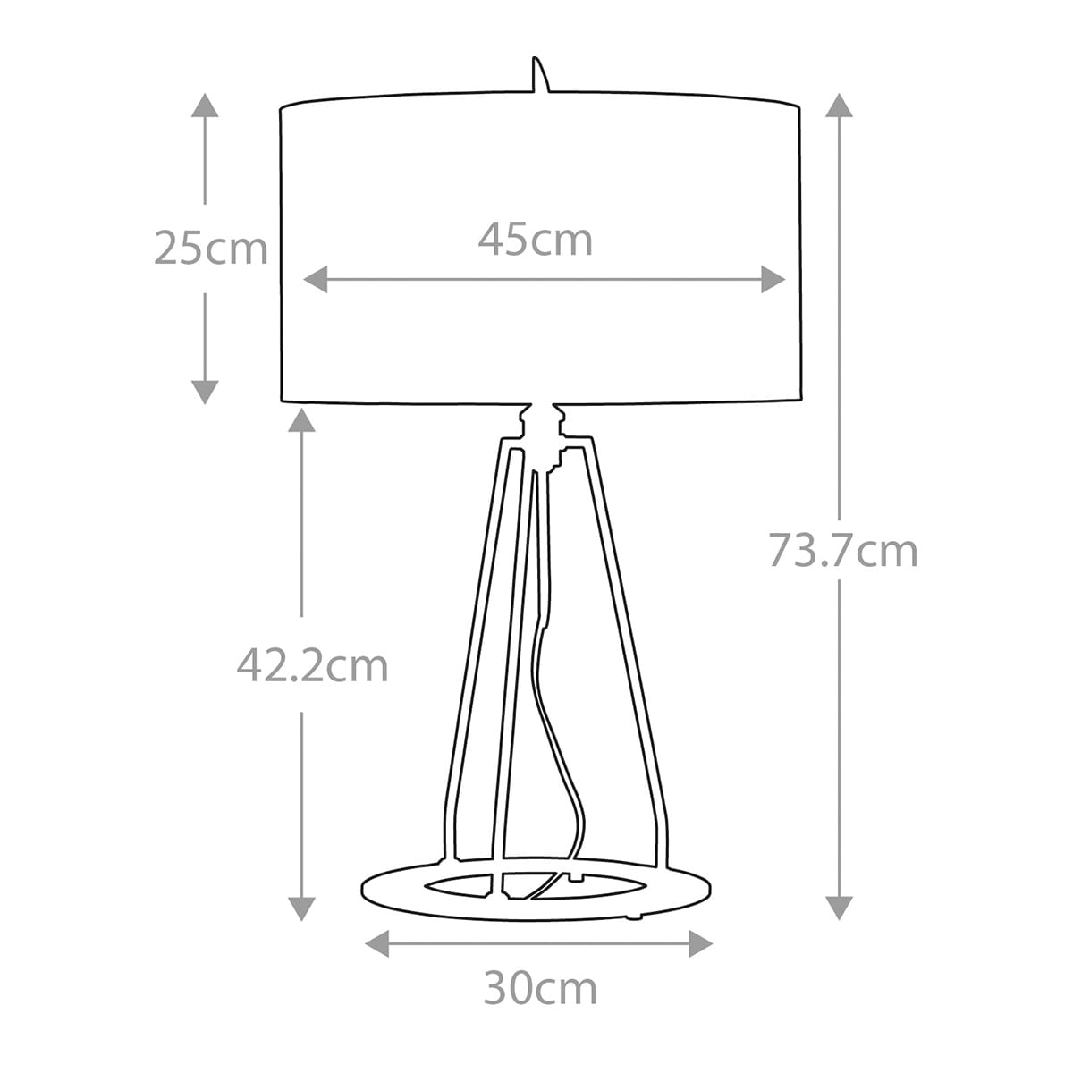 Lampka stołowa Ferrara w kolorze białym i złotym, z kloszem o średnicy 45 cm i wysokości 25 cm. Stojak z metalowymi nogami o wysokości 42,2 cm, na okrągłej podstawie o średnicy 30 cm. Całkowita wysokość lampy wynosi 73,7 cm.