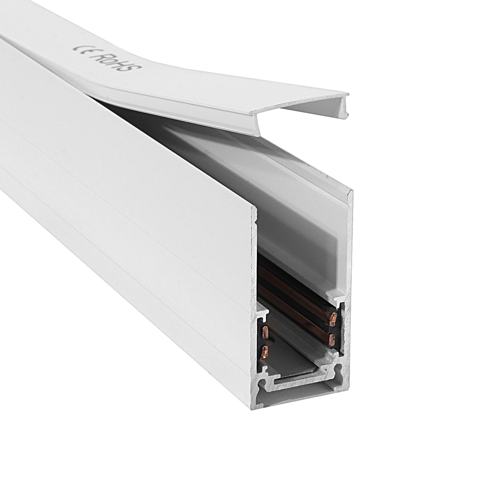 Biała szyna magnetyczna natynkowa o długości 200 cm, z widocznymi kanałami na przewody. Ujęcie z boku ukazuje przekrój, w którym znajdują się miedziane styki. Prosty, minimalistyczny design, idealna do montażu na ścianie.