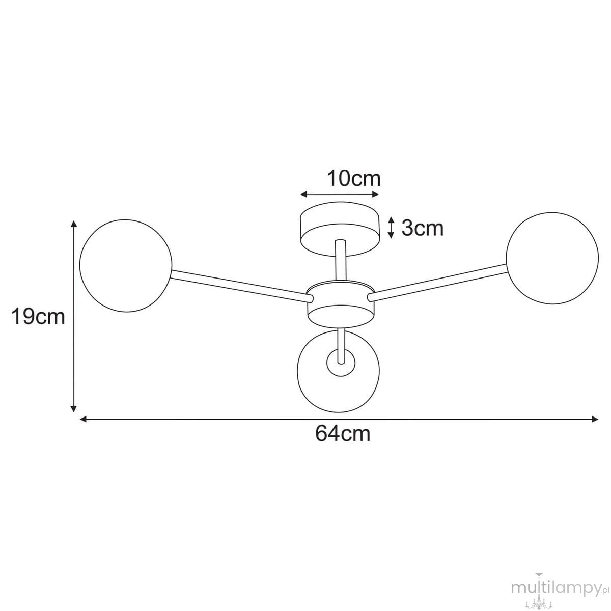 Lampa sufitowa Greta z trzema oprawami G9 w kolorze czarnym i grafitowym. Wymiary: 64 cm szerokości, 19 cm wysokości, 3 cm średnicy podstawy. Kuliste klosze na metalowych ramionach, umieszczona centralnie.