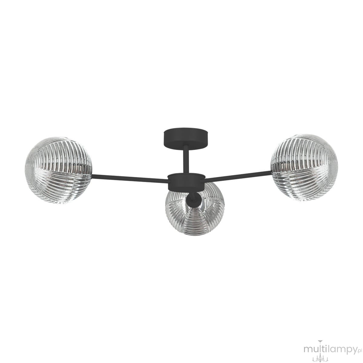 Lampa sufitowa Greta w kolorze czarnym i grafitowym, z trzema kloszami w formie przezroczystych kul z teksturowanym szkłem, zamontowana na okrągłej podstawie. Produkt w ujęciu frontalnym, z widocznymi detalami mocowania i kształtem kloszy.