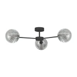 Lampa sufitowa Greta w kolorze czarnym i grafitowym, z trzema kloszami w formie przezroczystych kul z teksturowanym szkłem, zamontowana na okrągłej podstawie. Produkt w ujęciu frontalnym, z widocznymi detalami mocowania i kształtem kloszy.
