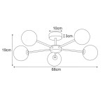 Beżowa lampa sufitowa Jukon z pięcioma oprawami G9, o średnicy 68 cm i wysokości 19 cm. Posiada okrągłe klosze w bursztynowym kolorze, zamontowana na centralnym elemencie o średnicy 10 cm. Idealna do nowoczesnych wnętrz.