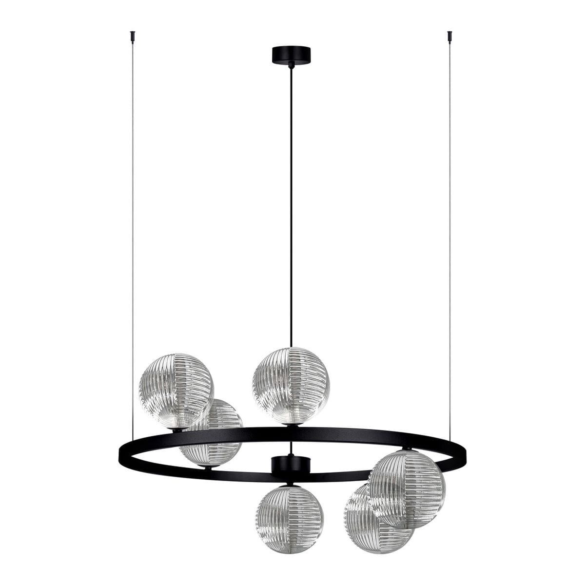 Lampa wisząca Monza w kolorze czarnym i grafitowym, z sześcioma kulistymi kloszami z przezroczystego szkła. Produkt zawieszony na cienkich linkach, z okrągłą podstawą. Klosze mają teksturowaną powierzchnię, co podkreśla ich nowoczesny design.