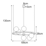 Lampa wisząca Monza w kolorze czarnym i grafitowym z sześcioma oprawami G9. Okrągła forma o średnicy 68 cm i wysokości 28 cm, zawieszona na przewodzie o długości 130 cm. Elementy szklane w kształcie kul.