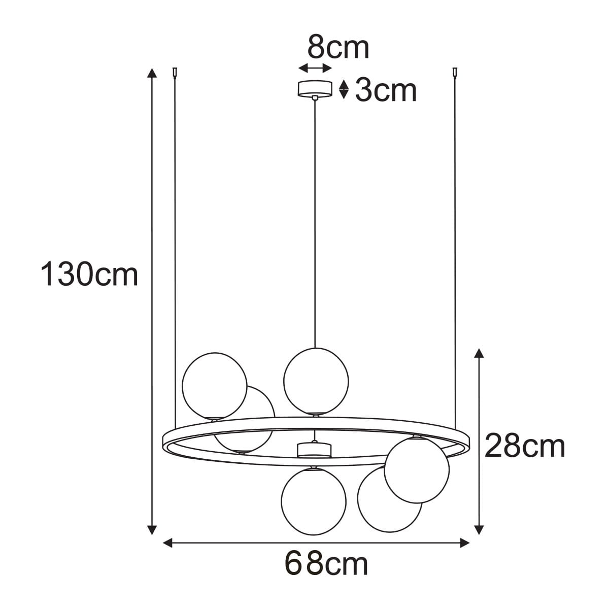 Lampa wisząca Tesoro w beżowym kolorze z sześcioma transparentnymi kloszami, okrągła podstawa, wymiary: średnica 68 cm, wysokość 130 cm, elegancki design, idealna do nowoczesnych wnętrz.