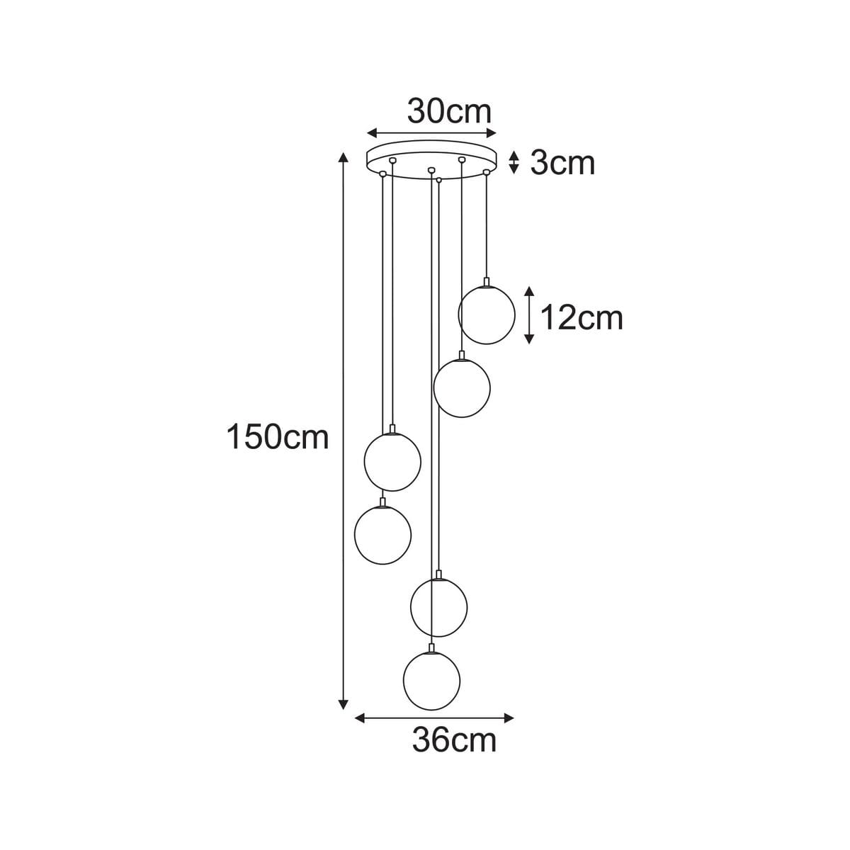 Lampa wisząca Tesoro w kolorze beżowym z transparentnymi kloszami, przeznaczona na 6 żarówek G9. Wymiary: średnica 30 cm, wysokość 150 cm, odległość między kulami 12 cm. Prosty, nowoczesny design, idealna do różnych wnętrz.