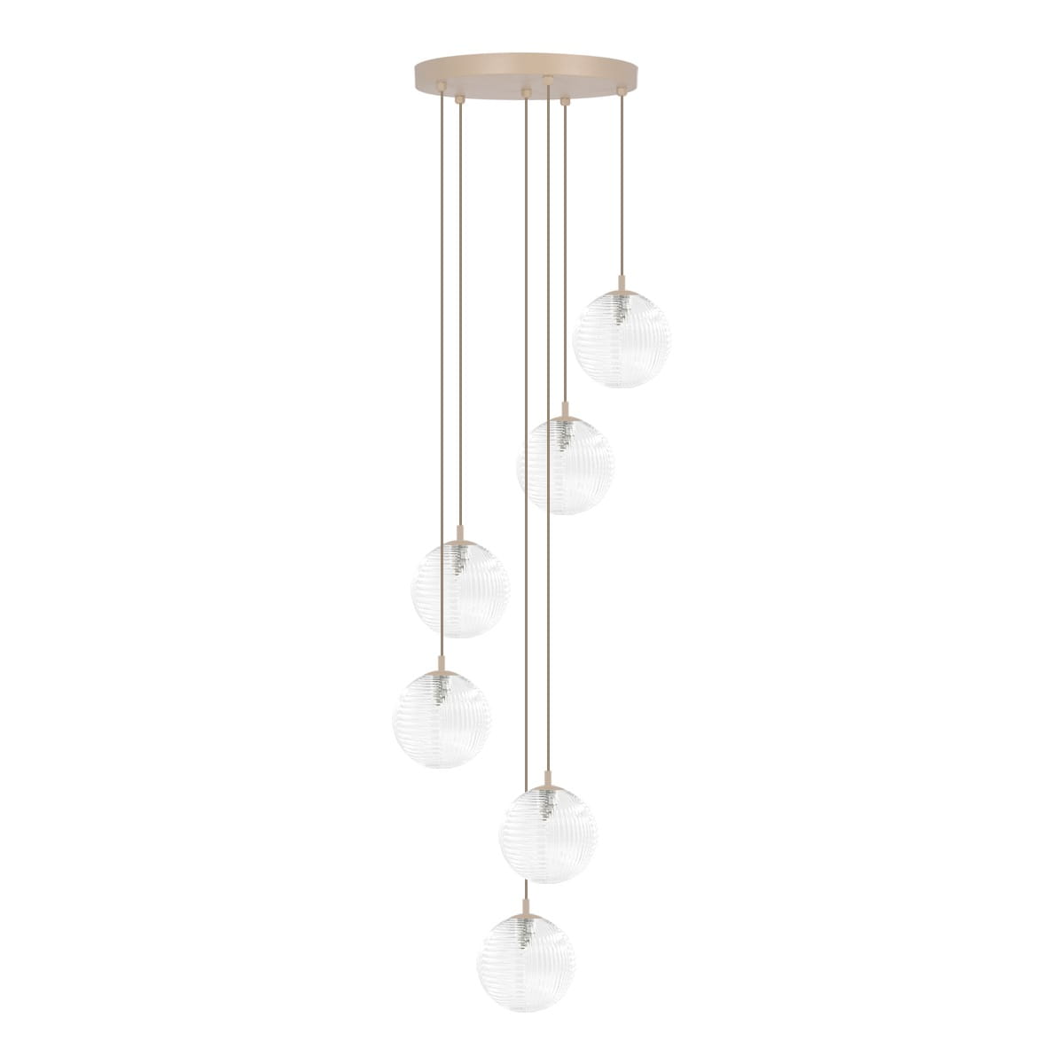 Lampa wisząca Tesoro z sześcioma kulistymi kloszami, wykonana z transparentnego szkła i beżowego metalu. Klosze są zawieszone na cienkich linkach, tworząc efektowny układ. Całość zamontowana na okrągłej podstawie sufitowej.