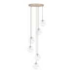 Lampa wisząca Tesoro z sześcioma kulistymi kloszami, wykonana z transparentnego szkła i beżowego metalu. Klosze są zawieszone na cienkich linkach, tworząc efektowny układ. Całość zamontowana na okrągłej podstawie sufitowej.