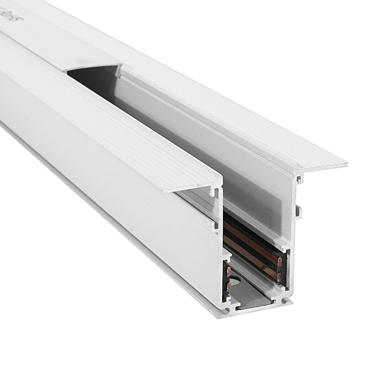 Biała szyna magnetyczna podtynkowa o długości 200 cm, wykonana z gipsu kartonowego. Widoczny przekrój z dwoma brązowymi przewodami w środku oraz teksturowana powierzchnia zewnętrzna. Szyna leży poziomo, pokazując detale konstrukcyjne.