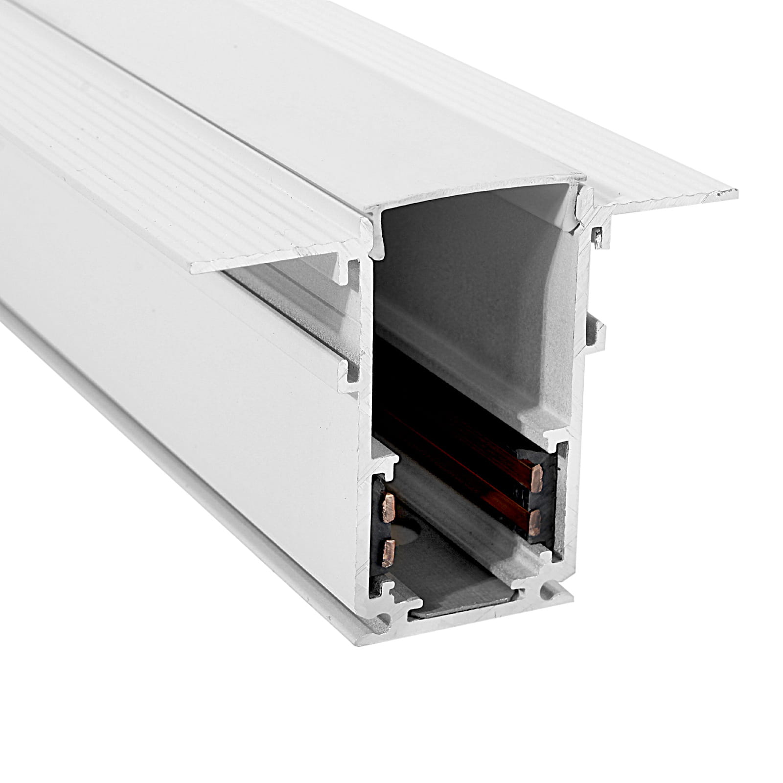 Szyna magnetyczna podtynkowa gips-karton o długości 200 cm, w kolorze białym. Widoczny przekrój z wnętrzem zawierającym przewody oraz rowki na zewnętrznej krawędzi. Kąt ujęcia z boku, ukazuje detale konstrukcji.