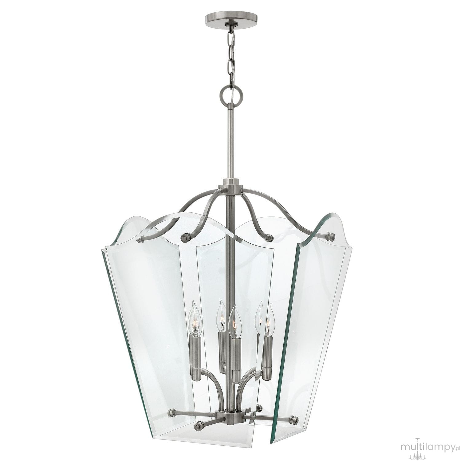 Lampa wisząca Wingate L w polerowanym niklu, z sześcioma miejscami na żarówki E14. Przezroczysta, szklana klosz o falistym kształcie, zawieszona na łańcuchu. Elementy metalowe w kolorze niklu, nowoczesny design.