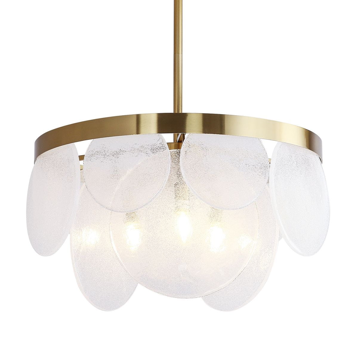 Lampa wisząca Aurora z mosiądzu w kolorze złotym, z trzema oprawami E14. Szklane klosze w kształcie okrągłych, matowych płatków w transparentnym kolorze. Produkt zawieszony na cienkim, metalowym stelażu.