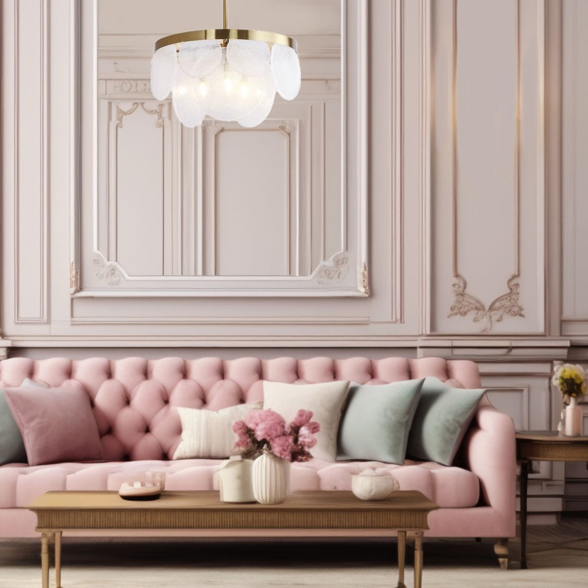 Lampa wisząca Aurora 3xE14 w kolorze mosiężnym, z okrągłą podstawą i delikatnymi, przezroczystymi kloszami w kształcie płatków. Zawieszona w eleganckim wnętrzu z różowym sofą i dekoracyjnym stołem.