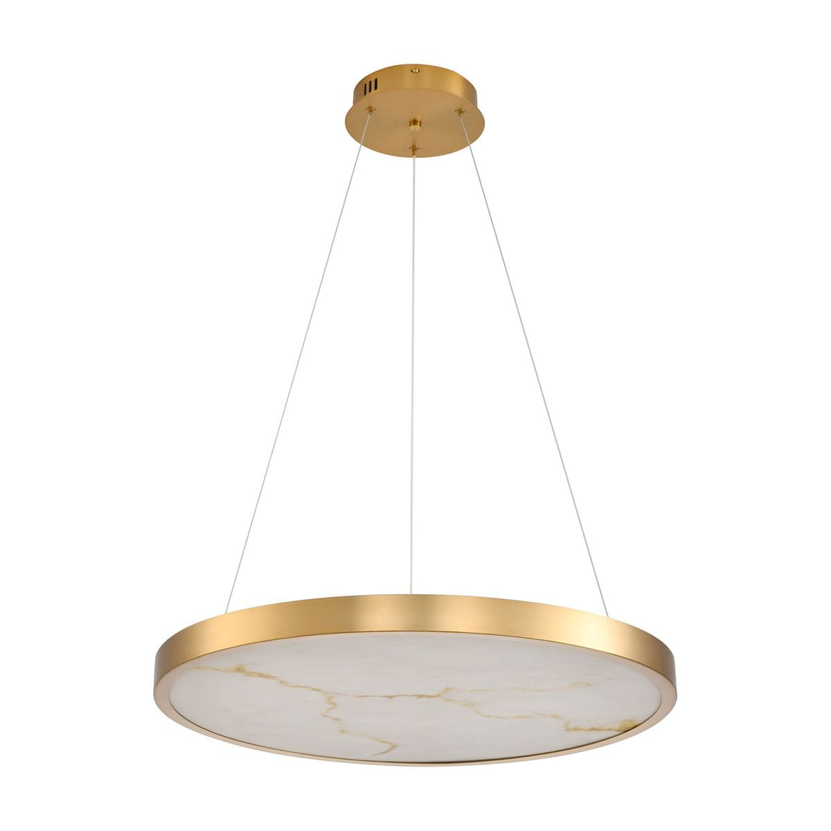 Lampa wisząca LED Alchemy o mocy 49W, barwie światła 3000K, z okrągłym, złotym metalowym stelażem i białym kloszem z marmurowym wzorem, zawieszona na cienkich żyłkach. Ujęcie z boku, ukazujące detale konstrukcji.
