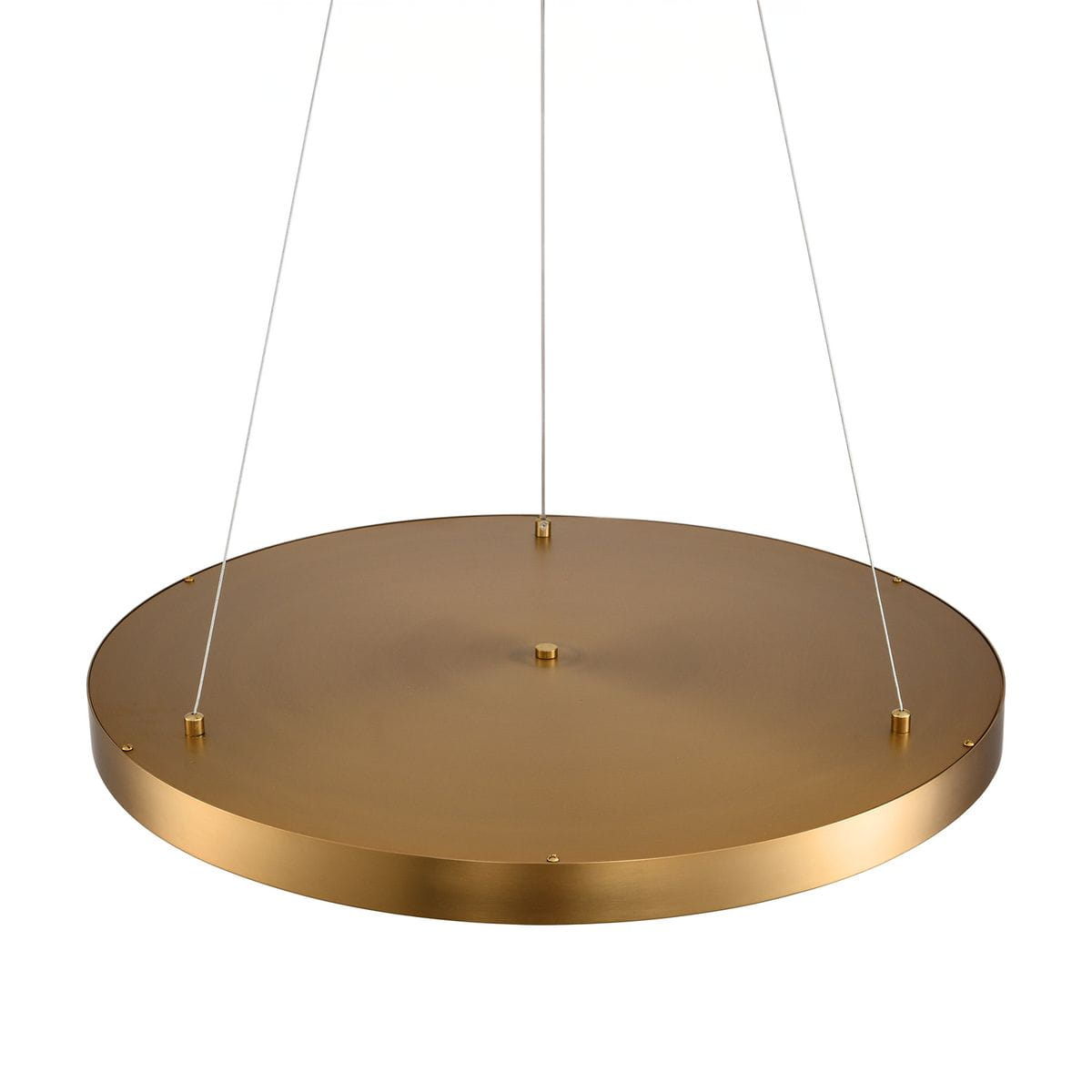 Lampa wisząca LED Alchemy o mocy 49W, w kolorze złotym, okrągła, z metaliczną powierzchnią. Zawieszona na cienkich żyłkach, z widocznymi mocowaniami. Źródło światła o temperaturze 3000K, idealna do nowoczesnych wnętrz.