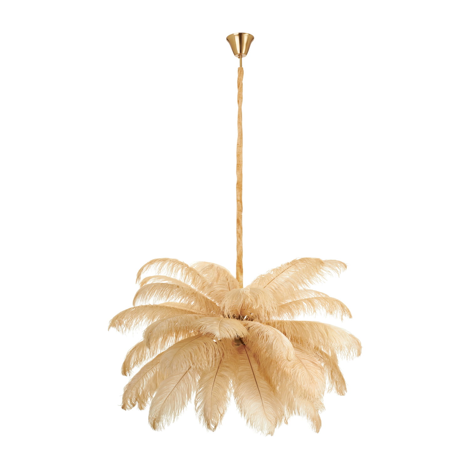 Lampa wisząca Emu w kolorze beżowym z metalowym złotym mocowaniem, złożona z dekoracyjnych piór ułożonych w kształt owocowej palmy. Produkt zawiera miejsce na 6 żarówek E14. Zawieszona na długim, oplecionym przewodzie.