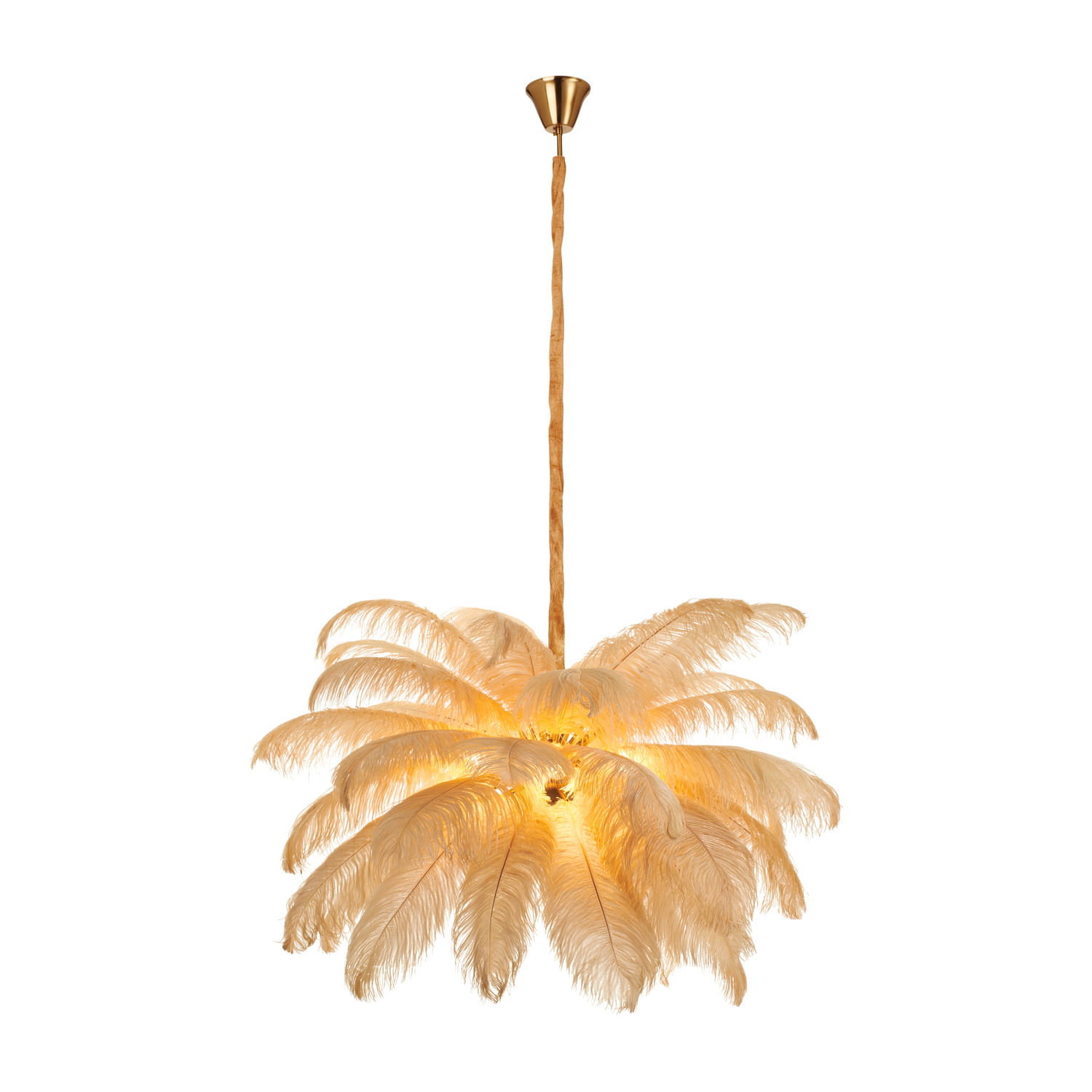 Lampa wisząca Emu 6xE14 w kolorze złotym i beżowym, o kształcie przypominającym pióra. Wisząca konstrukcja z delikatnymi, falującymi elementami, umieszczona na długim przewodzie, idealna do stylowych aranżacji wnętrz.