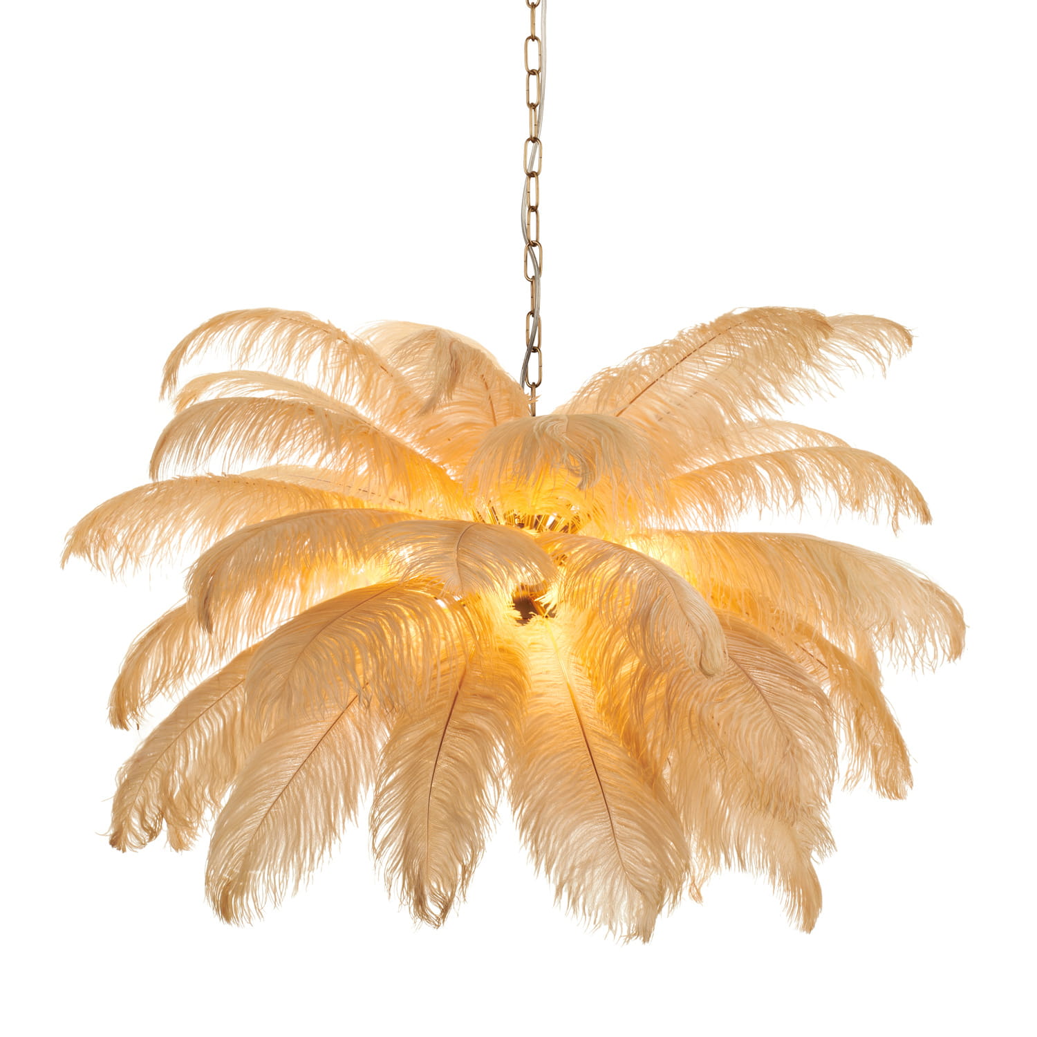 Lampa wisząca Emu 6xE14 w kolorze złotym i beżowym, z dekoracyjnymi piórami tworzącymi kształt kwiatów. Oświetlenie w centralnej części, zawieszona na łańcuchu. Idealna do nowoczesnych wnętrz.
