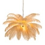 Lampa wisząca Emu 6xE14 w kolorze złotym i beżowym, z dekoracyjnymi piórami tworzącymi kształt kwiatów. Oświetlenie w centralnej części, zawieszona na łańcuchu. Idealna do nowoczesnych wnętrz.