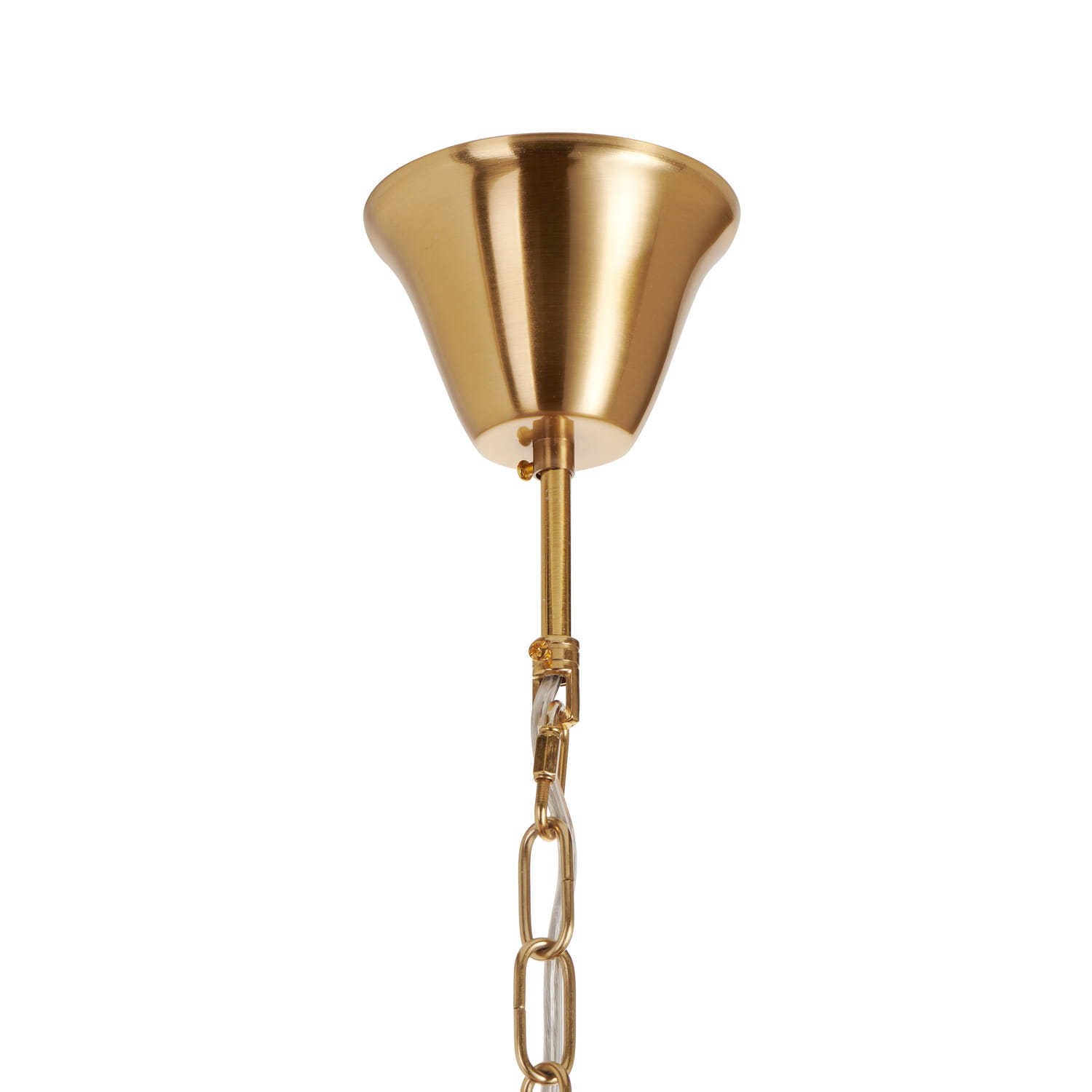 Lampa wisząca Emu 6xE14 w kolorze złotym i beżowym, z metalowym kloszem w kształcie dzwonu, zawieszona na złotej łańcuchowej linki. W widoku z góry, ukazuje detal montażowy i wykończenie klosza.