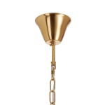 Lampa wisząca Emu 6xE14 w kolorze złotym i beżowym, z metalowym kloszem w kształcie dzwonu, zawieszona na złotej łańcuchowej linki. W widoku z góry, ukazuje detal montażowy i wykończenie klosza.