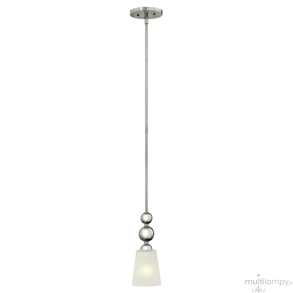 Lampa wisząca Zelda z polerowanego niklu, z pojedynczym kloszem z matowego szkła. Ma długą, prostą rurkę z dekoracyjnymi kulkami. Klosz w kształcie stożka, zawieszony na cienkim przewodzie, idealna do nowoczesnych wnętrz.