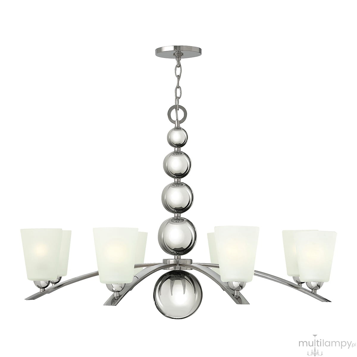Lampa wisząca Zelda 8xE27 w polerowanym niklu, z sześcioma matowymi kloszami w kształcie prostokątnych kubków. Centralna kula i dekoracyjne kule na zawieszeniu, wisząca z sufitu, z eleganckim, nowoczesnym designem.