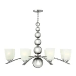 Lampa wisząca Zelda 8xE27 w polerowanym niklu, z sześcioma matowymi kloszami w kształcie prostokątnych kubków. Centralna kula i dekoracyjne kule na zawieszeniu, wisząca z sufitu, z eleganckim, nowoczesnym designem.