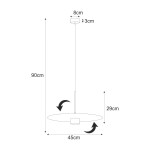 Lampa wisząca Burgas D45 w kolorze czarnym i złotym, z oprawą na 1 żarówkę GX53. Okrągły klosz o średnicy 45 cm zawieszony na cienkim przewodzie, wysokość całkowita 90 cm, z regulacją do 29 cm. Prosty, nowoczesny design.