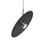 Lampa wisząca Burgas D45 w kolorze czarnym z złotym detalem. Okrągła, matowa osłona z centralnym źródłem światła GX53. Zawieszona na cienkim kablu, prezentująca nowoczesny design.