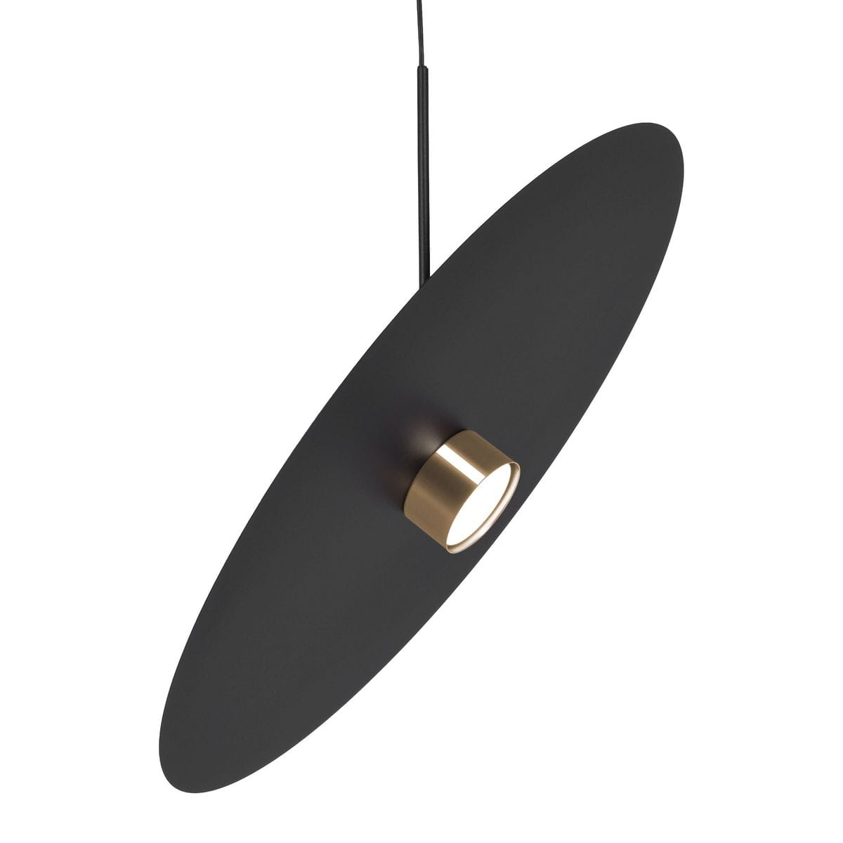 Lampa wisząca Burgas D60 w kolorze czarnym z złotym detalem. Posiada okrągły korpus z matowego metalu oraz punkt świetlny z oprawą GX53, zawieszona na cienkim, czarnym przewodzie. Ujęcie z boku, ukazujące minimalistyczny design.