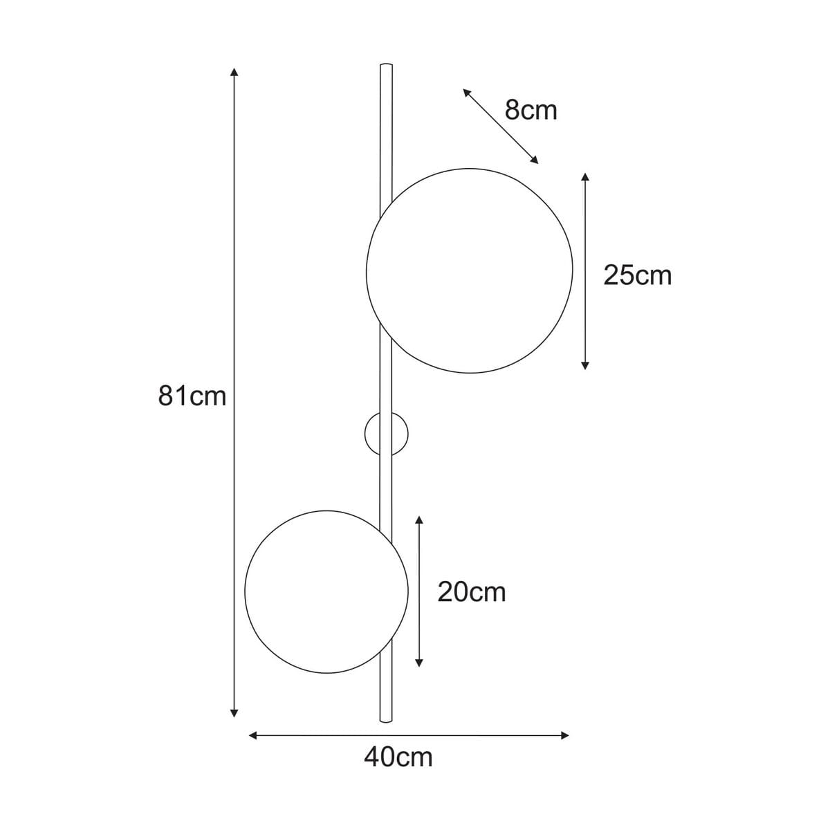Kinkiet Talar 2xG9 w kolorze beżowym, o wysokości 81 cm i szerokości 40 cm. Posiada dwie okrągłe oprawy o średnicy 25 cm i 20 cm, umieszczone na pionowym stelażu. Zewnętrzne wymiary to 8 cm głębokości.