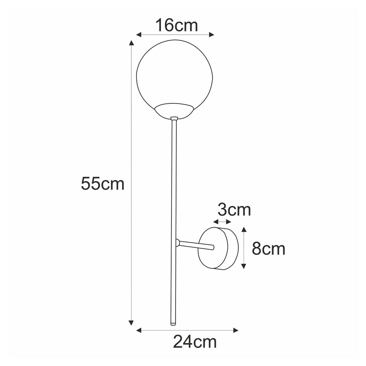 Lumia kinkiet 1xE27 w kolorze złotym i białym, o wysokości 55 cm i szerokości 24 cm. Posiada okrągłą oprawę o średnicy 16 cm oraz mocowanie o średnicy 8 cm. Prosta, nowoczesna konstrukcja, idealna do wnętrz.