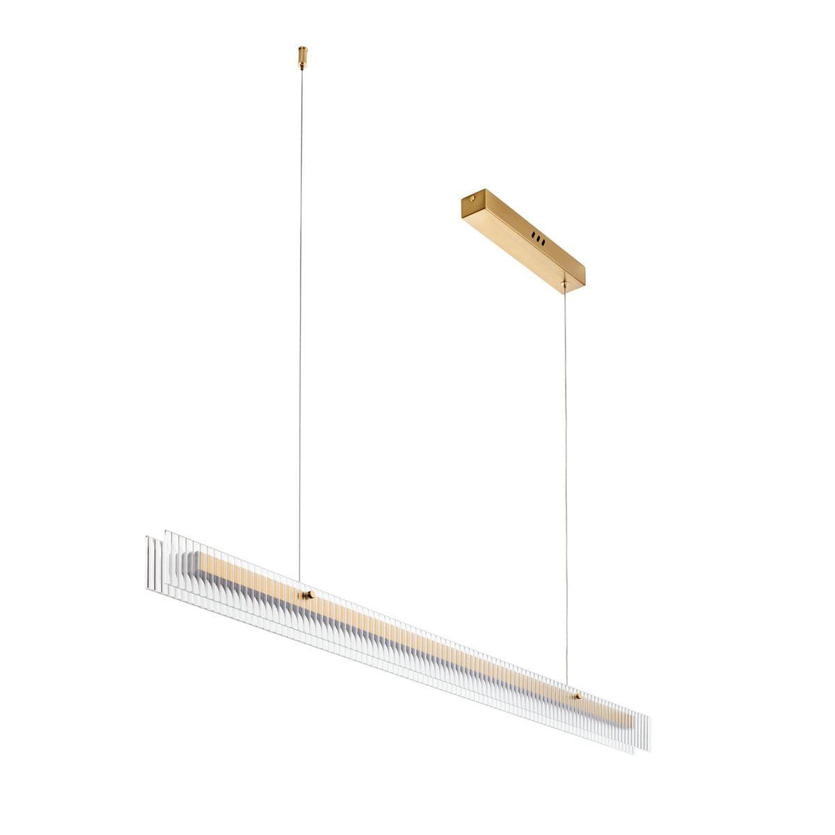 Lampa wisząca LED Longin o mocy 15W, barwie 3000K, w złotej oprawie. Posiada prostokątną, przezroczystą klosz i metalowy stelaż. Zawieszona na cienkich linkach, z montażem sufitowym, idealna do nowoczesnych wnętrz.
