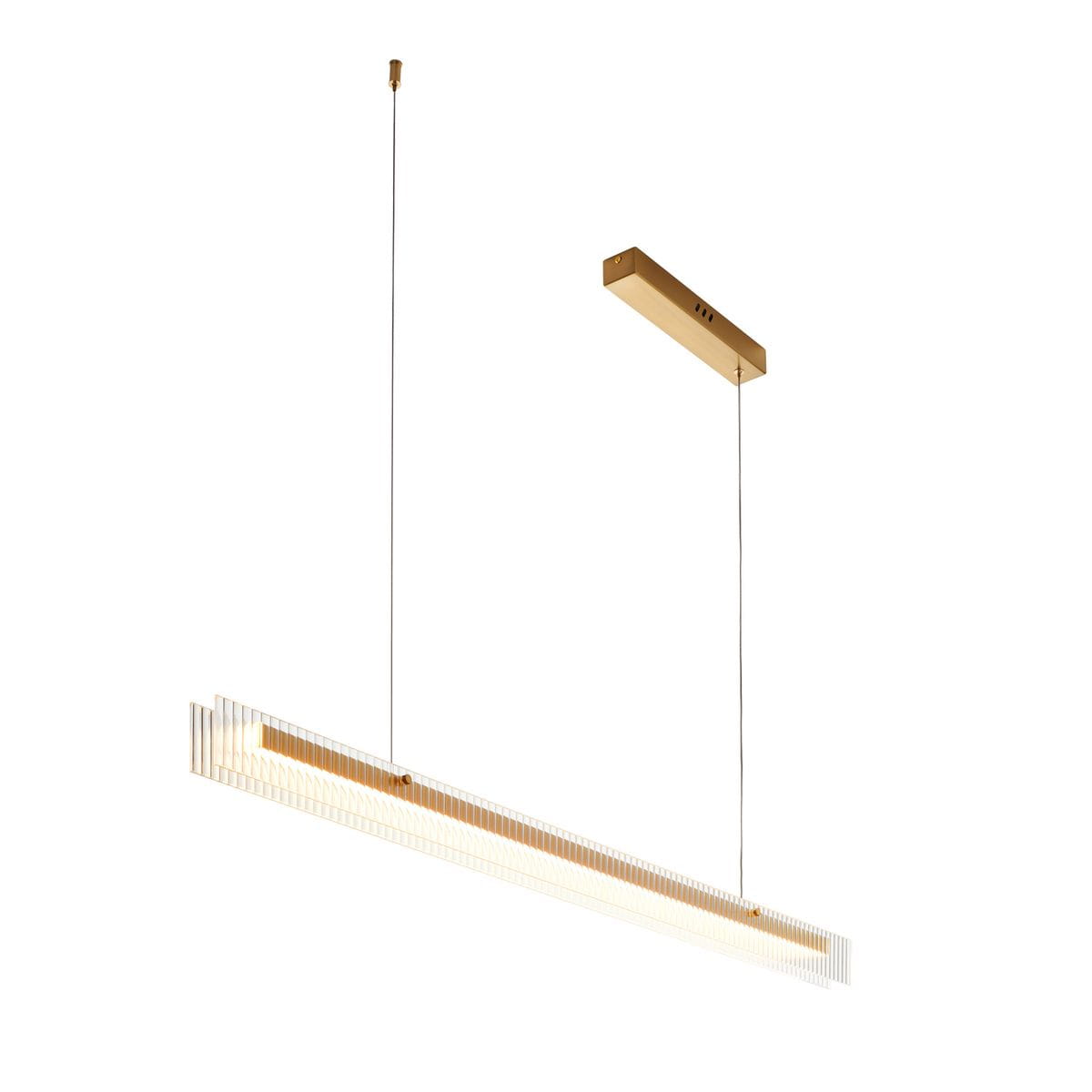 Lampa wisząca LED o mocy 15W, barwie światła 3000K, w złotym kolorze. Prosta, długoskalowa konstrukcja z przezroczystymi elementami, zawieszona na cienkich linkach. Montaż na suficie, minimalistyczny design, idealna do nowoczesnych wnętrz.