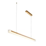 Lampa wisząca LED o mocy 15W, barwie światła 3000K, w złotym kolorze. Prosta, długoskalowa konstrukcja z przezroczystymi elementami, zawieszona na cienkich linkach. Montaż na suficie, minimalistyczny design, idealna do nowoczesnych wnętrz.