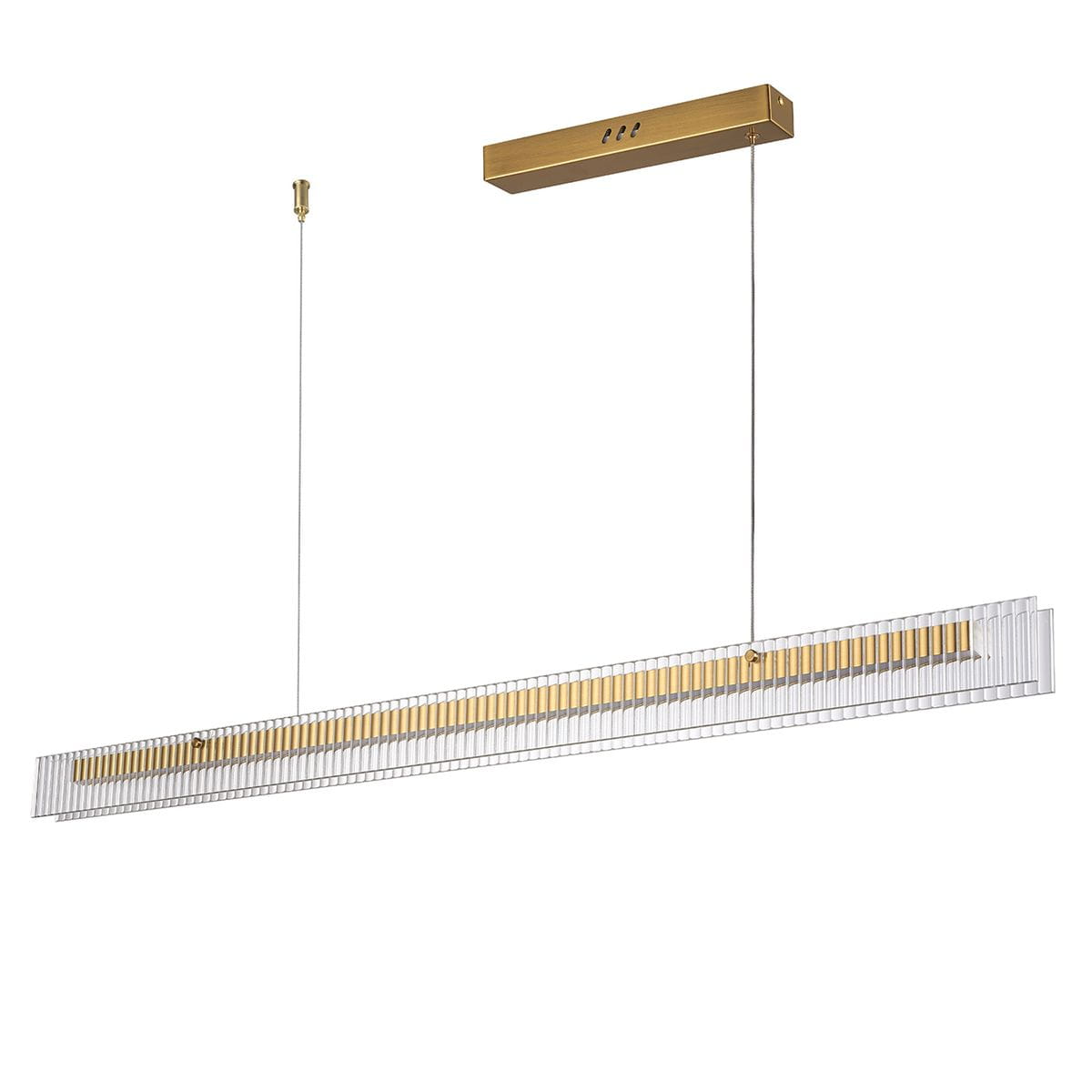 Lampa wisząca LED Longin o mocy 15W i ciepłej barwie 3000K, w złotym kolorze z prostokątnym, przezroczystym kloszem. Zawieszona na cienkim przewodzie, z metalowym mocowaniem. Idealna do nowoczesnych wnętrz.