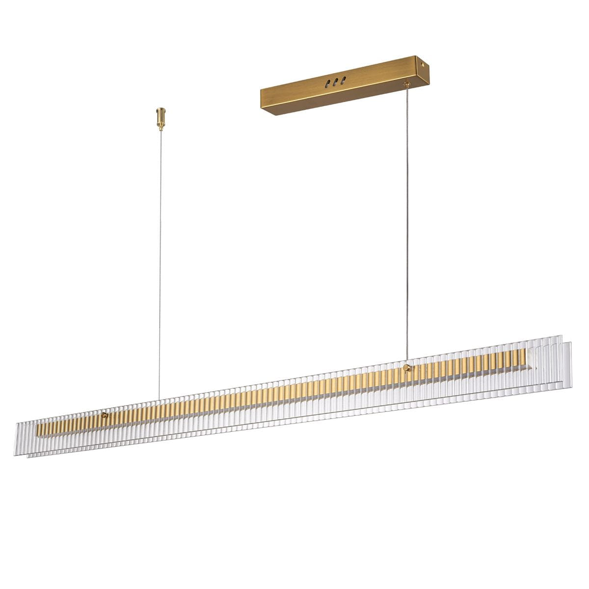 Lampa wisząca LED Longin, moc 15W, barwa światła 3000K. Złota konstrukcja z przezroczystym kloszem w formie prostokątnej, zawieszona na cienkim przewodzie. Prosty, nowoczesny design, idealna do wnętrz.