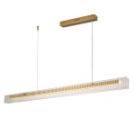 Lampa wisząca LED Longin o mocy 15W, barwie 3000K. Złota konstrukcja z przezroczystym, teksturowanym kloszem w kształcie prostokątnej listwy. Ujęcie frontalne, zawieszona na cienkim przewodzie z metalowym mocowaniem.