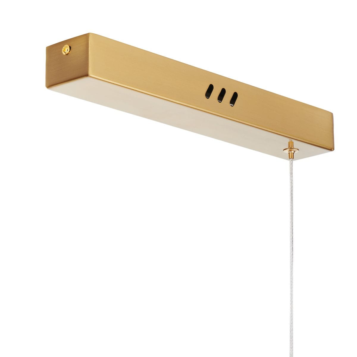 Lampa wisząca LED Longin, 15W, 3000K w kolorze złotym. Prosta, prostokątna konstrukcja z metalowym wykończeniem. Kąt ujęcia z boku, widoczny kabel mocujący. Idealna do nowoczesnych wnętrz.