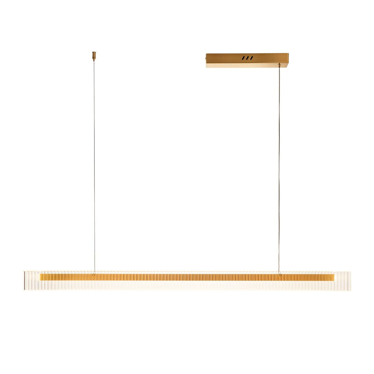 Lampa wisząca LED Longin o mocy 15W w kolorze złotym. Posiada prostokątny klosz z przezroczystymi szczelinami. Zawieszona na cienkich linkach, z płaskim mocowaniem sufitowym. Światło o barwie 3000K, idealna do nowoczesnych wnętrz.